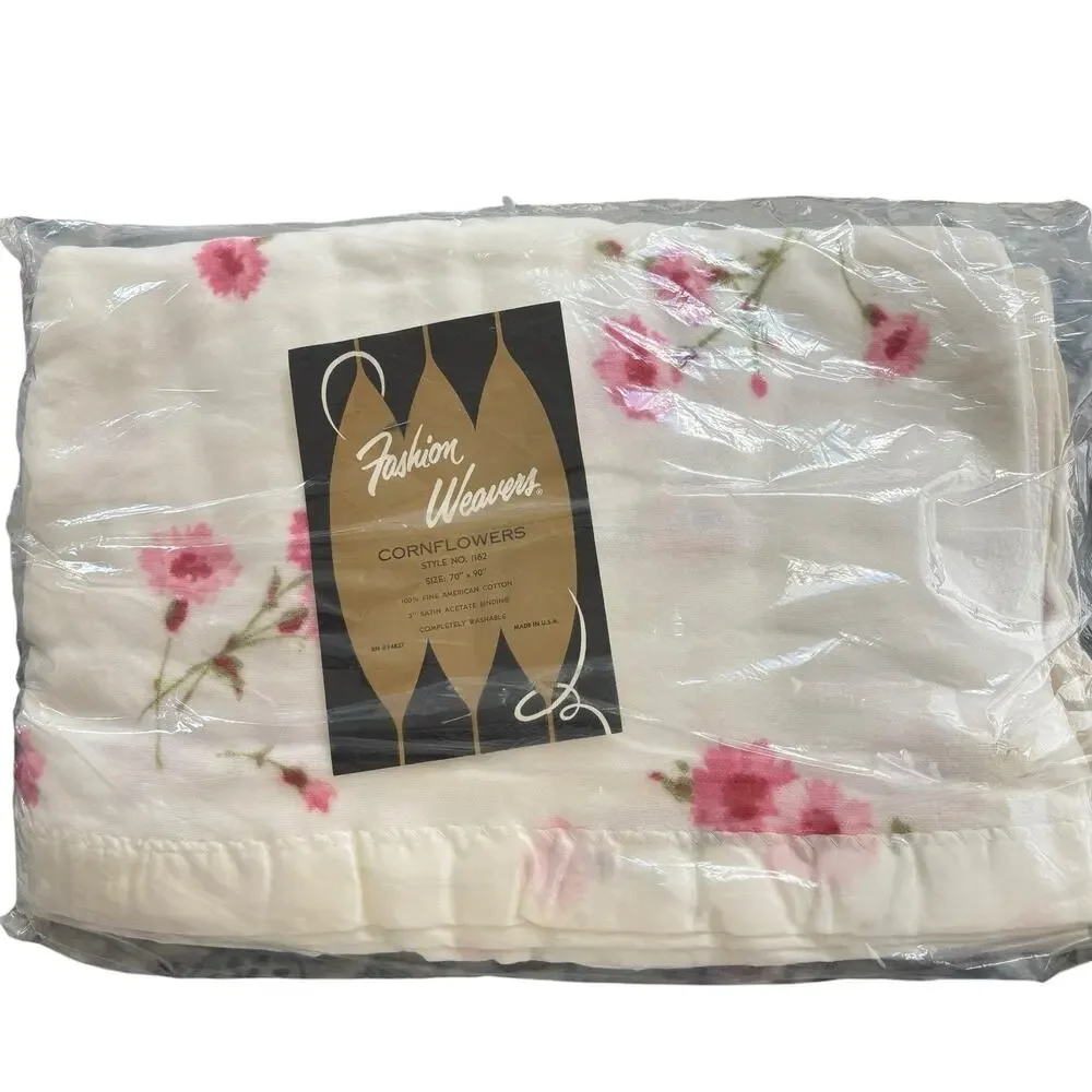 VTG NOS Cream & Pink Floral 100% Cotton Blanket 70x90 Twin Wide Satin Trim USA